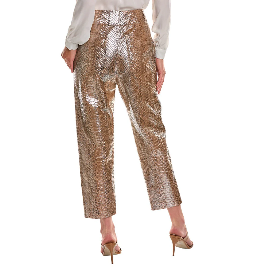 BRUNELLO CUCINELLI WOMEN'S GOLD LEATHER TEXTURED TROUSERS - Image 2