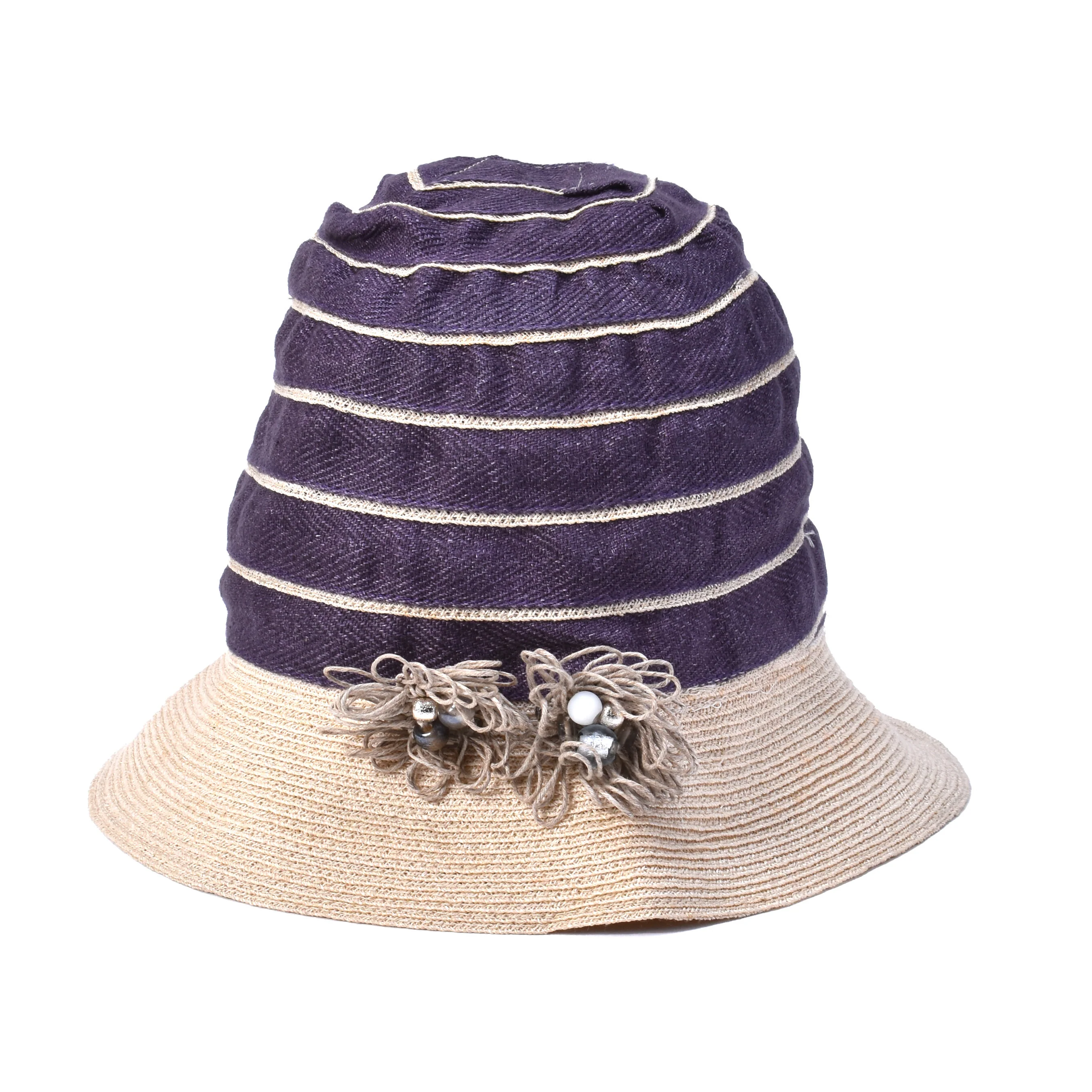 BRUNELLO CUCINELLI WOMEN'S 100% LINEN BUCKET STYLE TWO TONE STRAW HAT