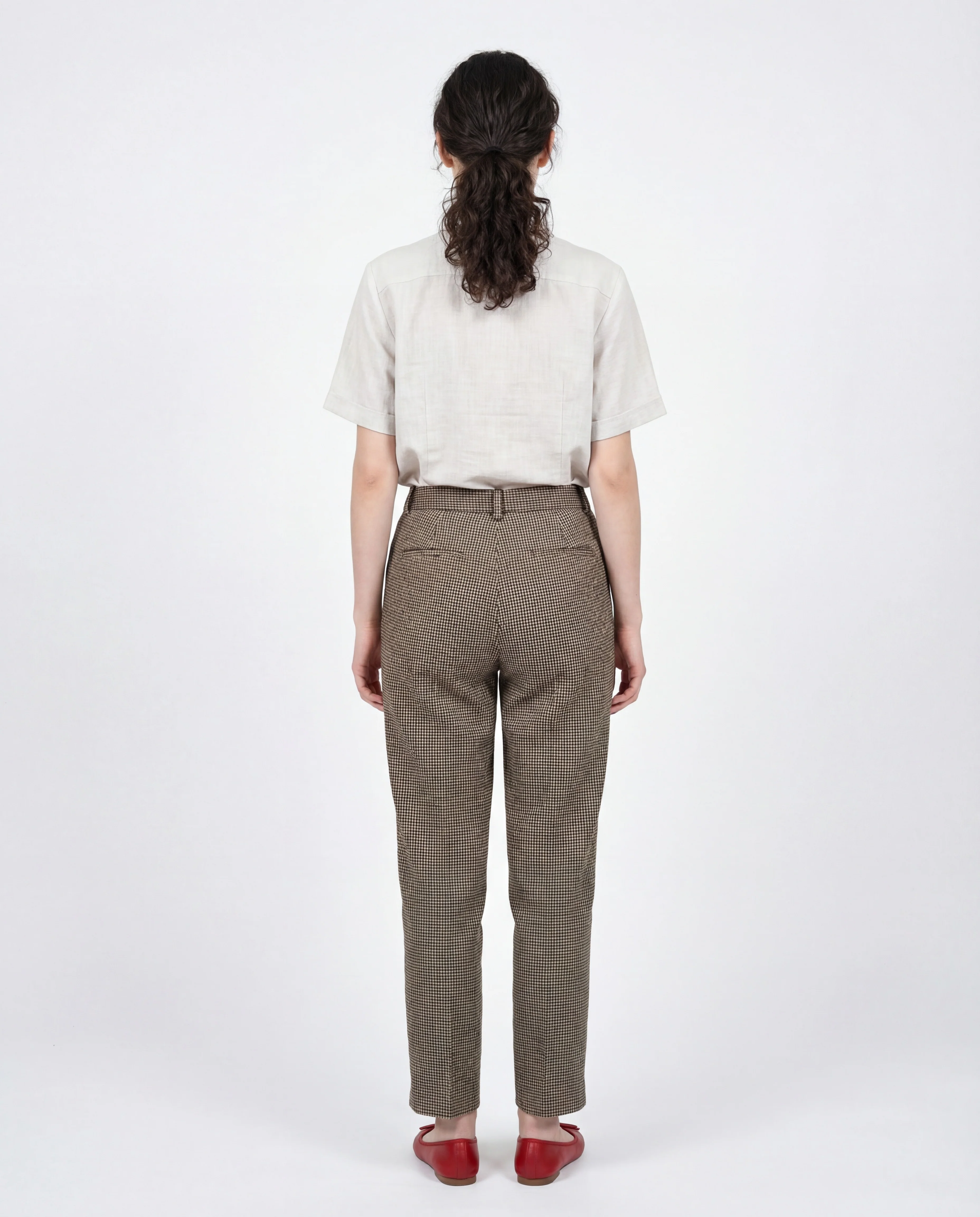 BRUNELLO CUCINELLI WOMEN'S BEIGE BLUE LINEN HOUNDSTOOTH TROUSERS - Image 4