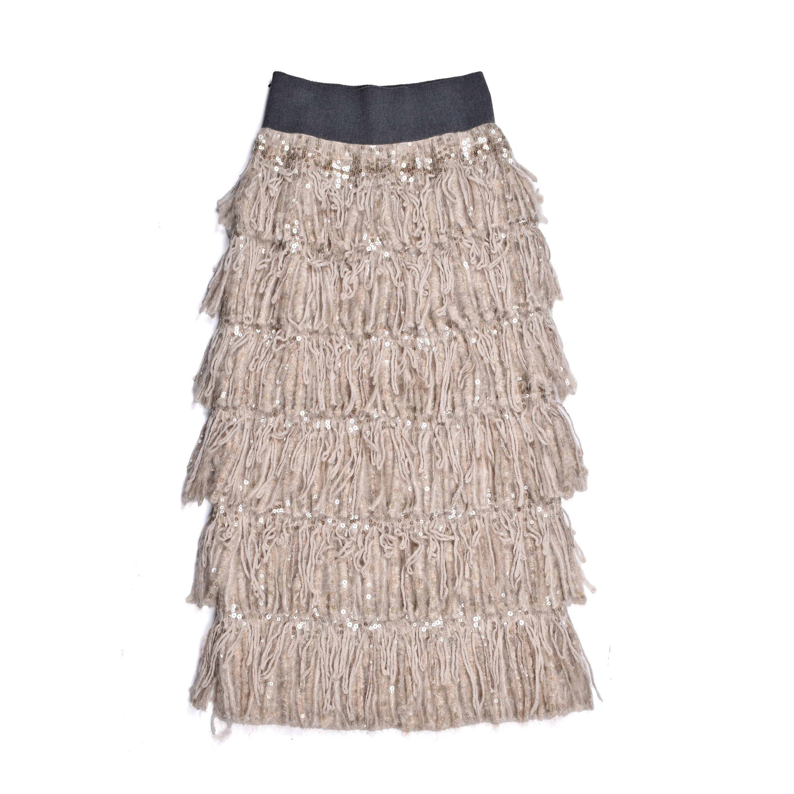 BRUNELLO CUCINELLI WOMEN'S BEIGE MERINO WOOL BLEND SEQUIN SKIRT - Image 2