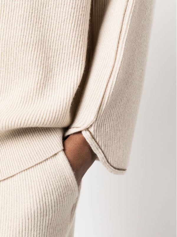 BRUNELLO CUCINELLI WOMEN'S BEIGE RIBBED KNIT SWEATER