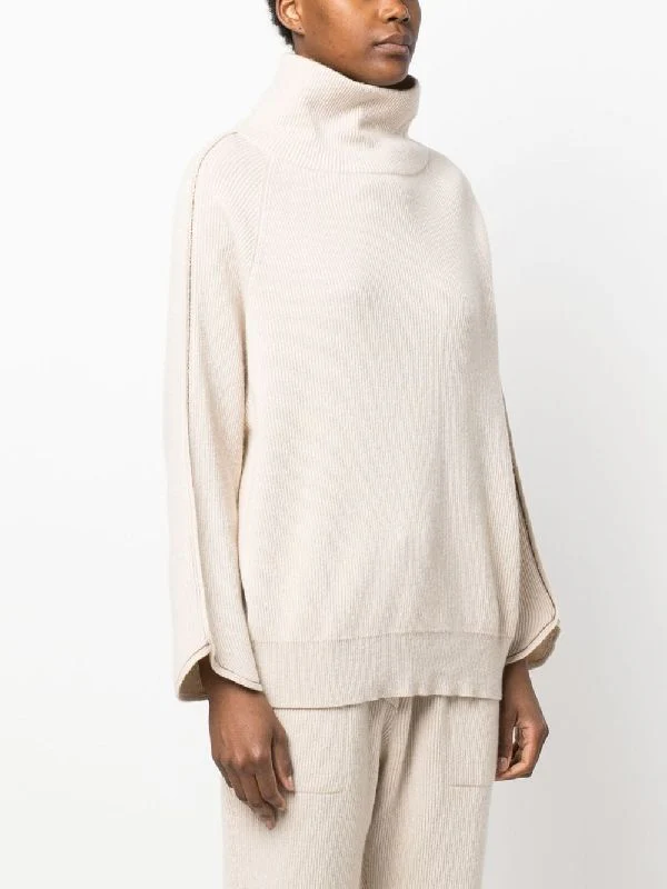 BRUNELLO CUCINELLI WOMEN'S BEIGE RIBBED KNIT SWEATER - Image 3