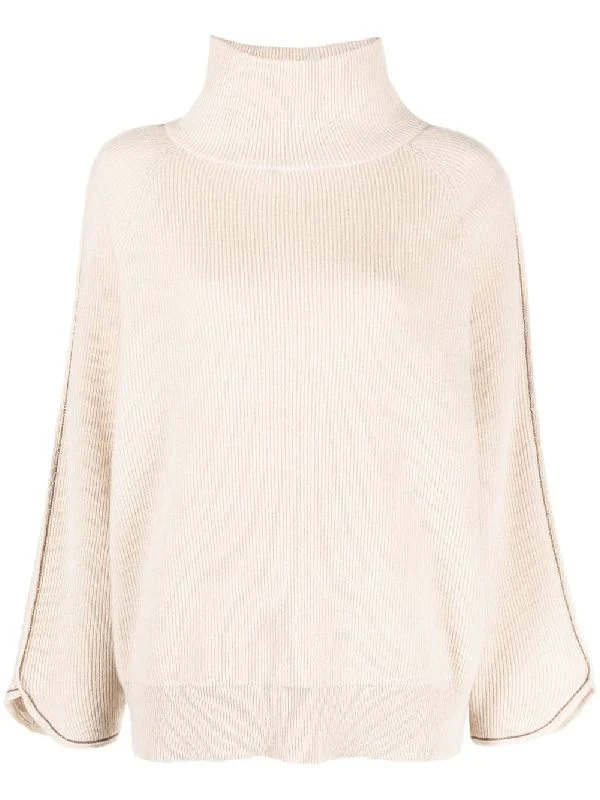 BRUNELLO CUCINELLI WOMEN'S BEIGE RIBBED KNIT SWEATER - Image 5