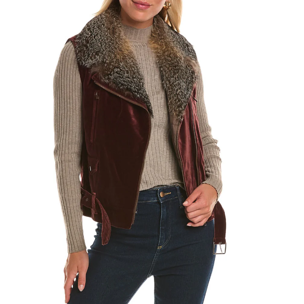 BRUNELLO CUCINELLI WOMEN'S BIKER STYLE FUR TRIM VELVET VEST