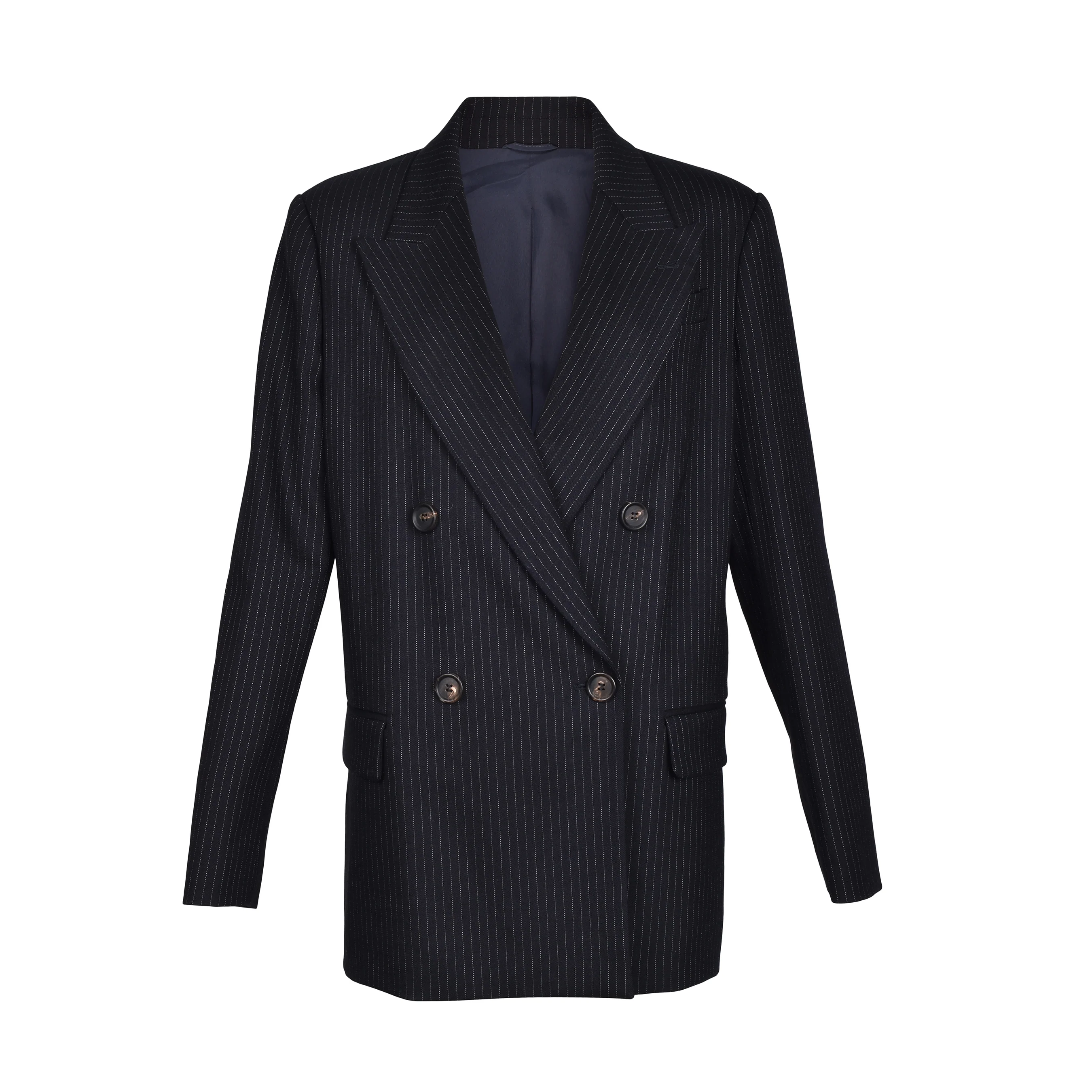 BRUNELLO CUCINELLI WOMEN'S BLUE VIRGIN WOOL PINSTRIPE BLAZER