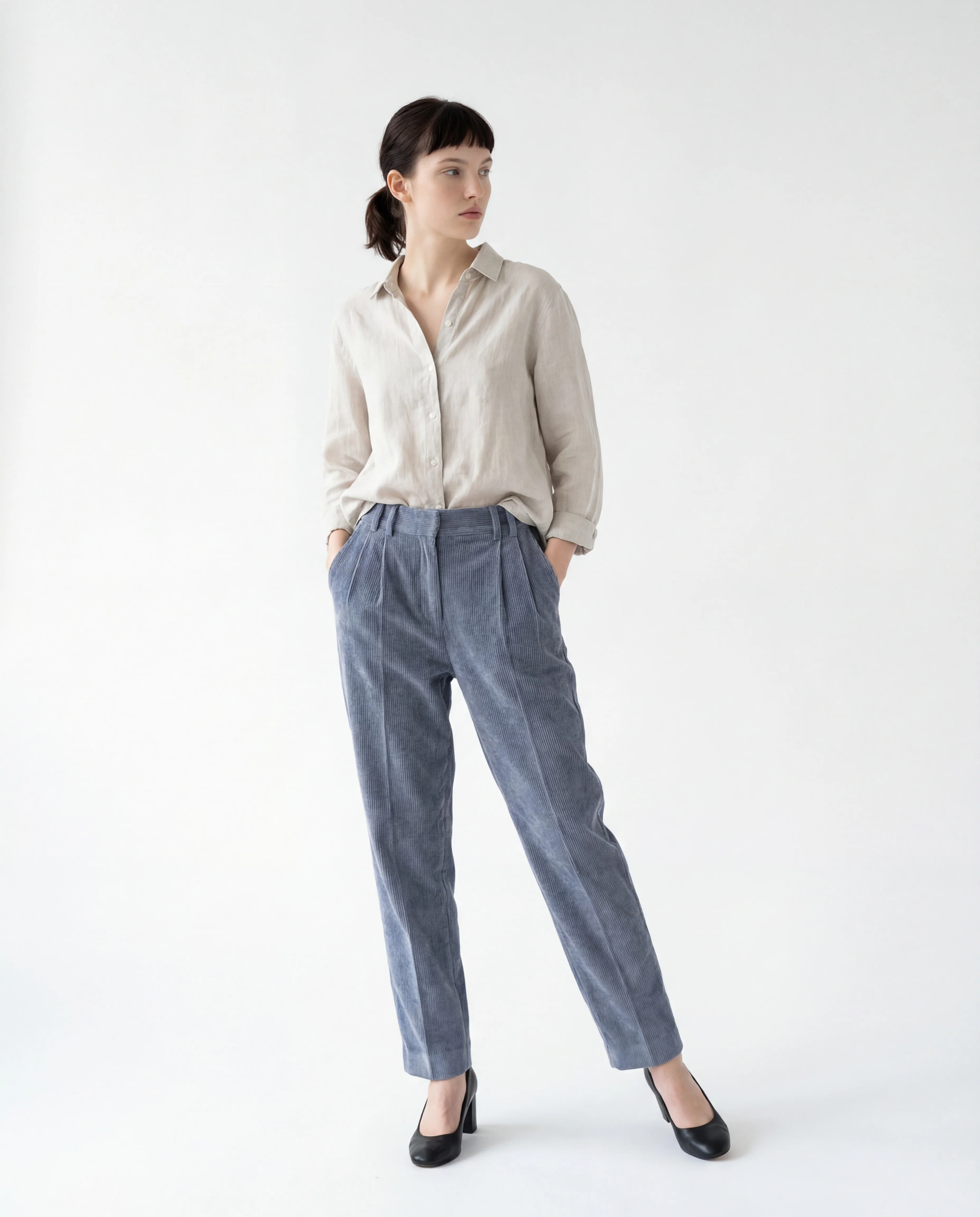 BRUNELLO CUCINELLI WOMEN'S BLUE CORDUROY PLEATED TROUSERS - Image 3