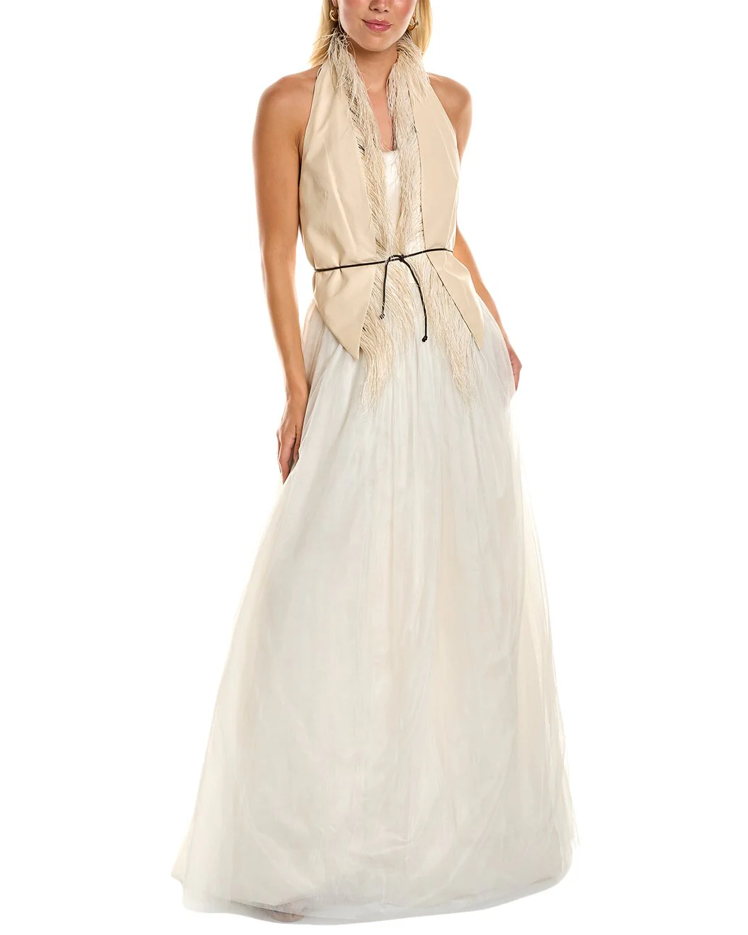 BRUNELLO CUCINELLI WOMEN'S CHAMPAGNE HALTER GOWN WITH FRINGE