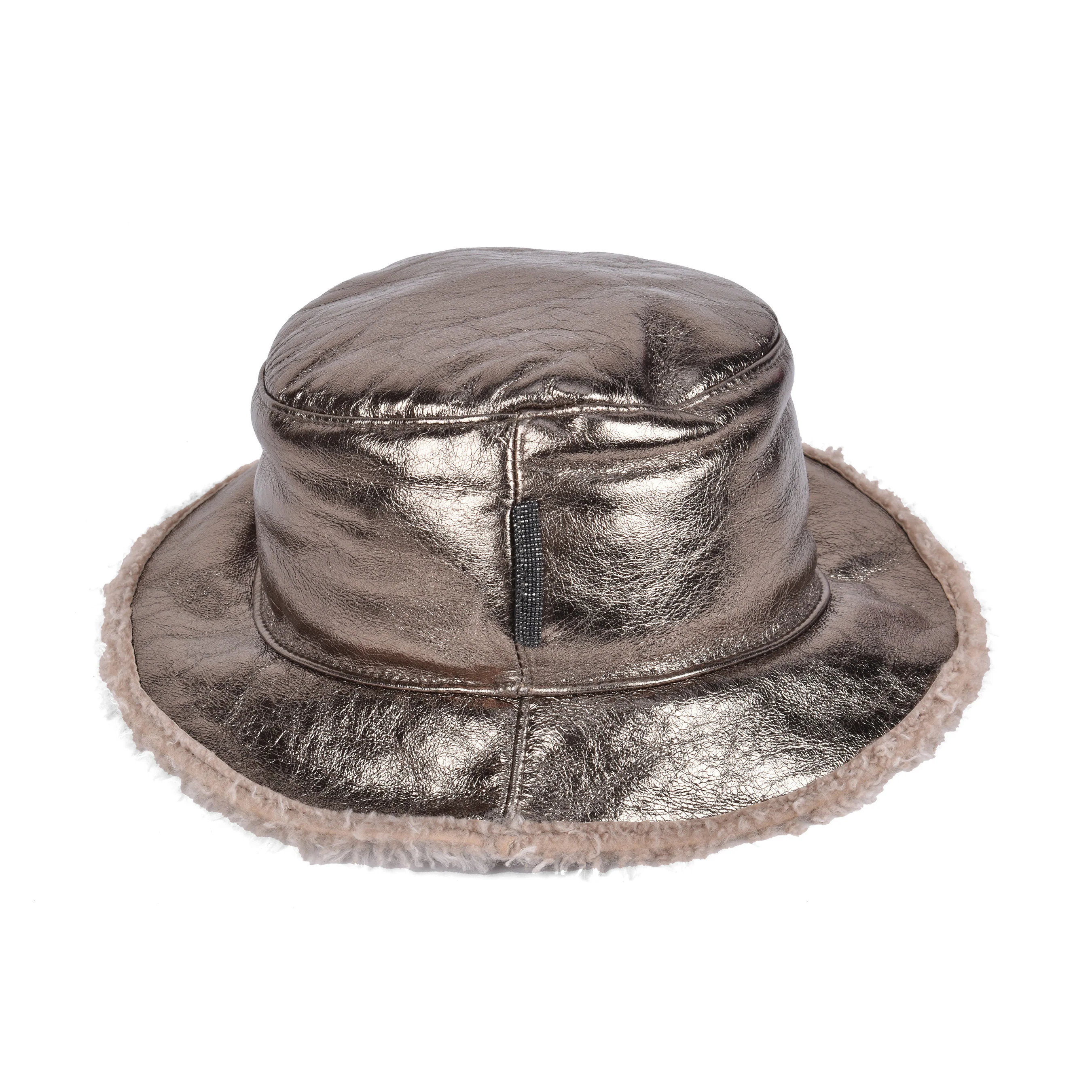 BRUNELLO CUCINELLI WOMEN'S FUR LINED BUCKET STYLE GOLD TONED LEATHER HAT - Image 2