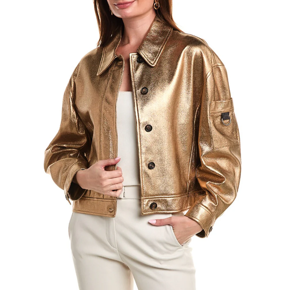 BRUNELLO CUCINELLI WOMEN'S GOLD TONE 100% LEATHER CASUAL JACKET