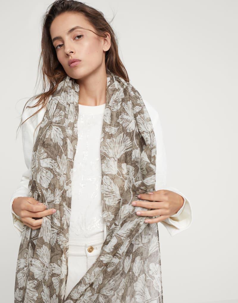 BRUNELLO CUCINELLI WOMEN'S GREEN AND WHITE LINEN FLORAL SCARF - Image 4