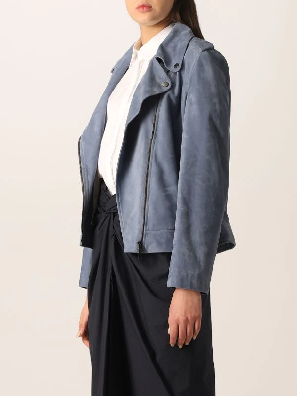 BRUNELLO CUCINELLI WOMEN'S DUSTY BLUE LEATHER BIKER JACKET - Image 3