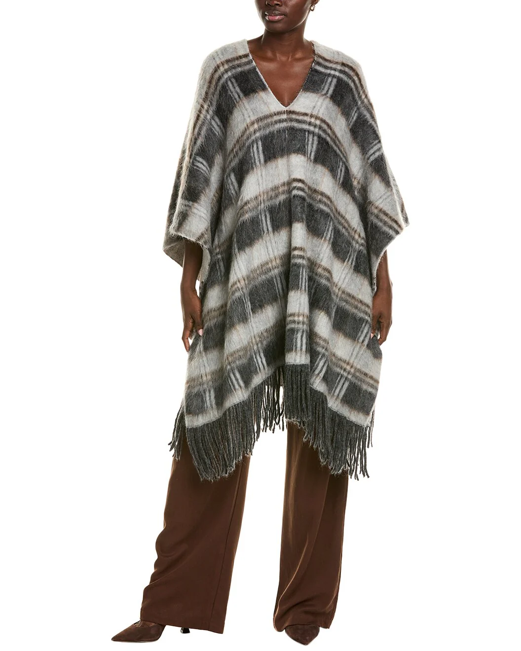 BRUNELLO CUCINELLI WOMEN'S PLAID FRINGED PONCHO SHAWL