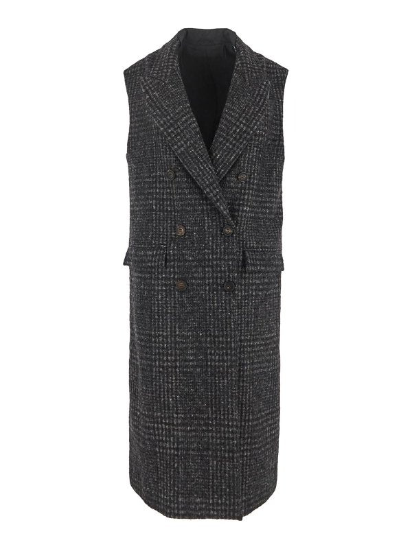 BRUNELLO CUCINELLI WOMEN'S ANTHRACITE PLAID SLEEVELESS COAT