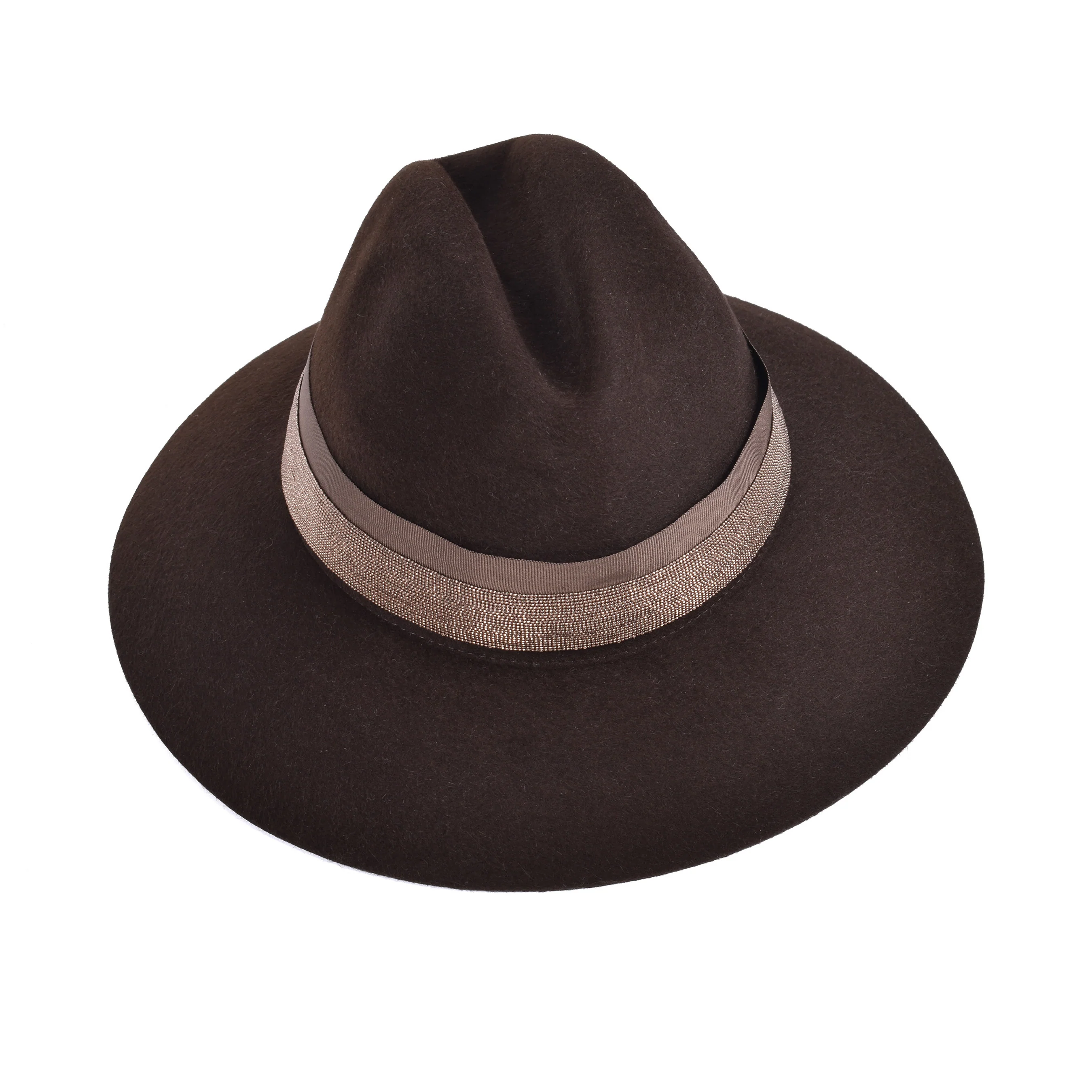 BRUNELLO CUCINELLI WOMEN'S BROWN FELT FEDORA WITH BEADED BAND