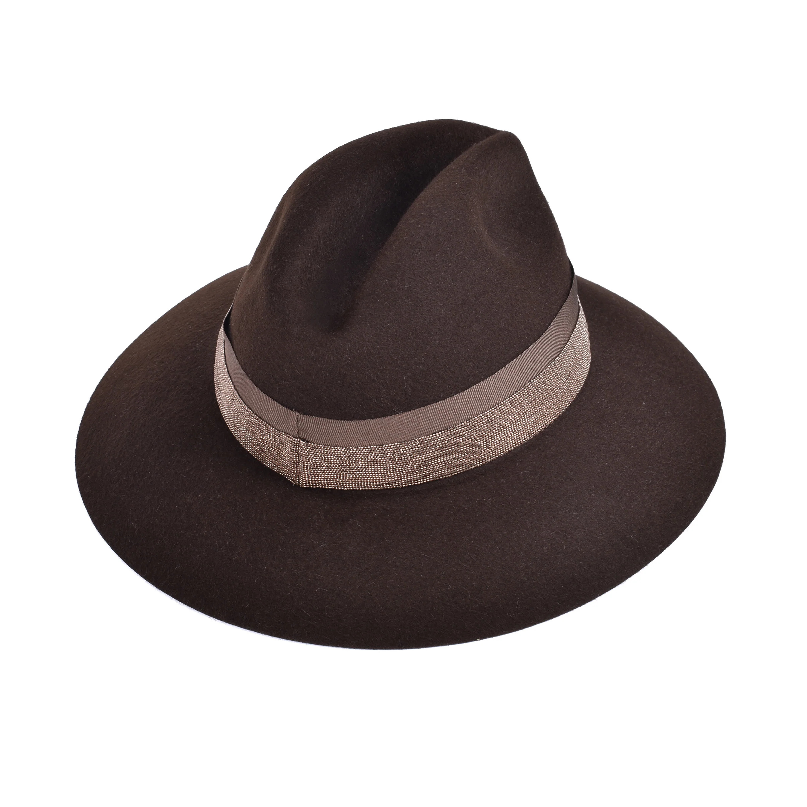 BRUNELLO CUCINELLI WOMEN'S BROWN FELT FEDORA WITH BEADED BAND - Image 2