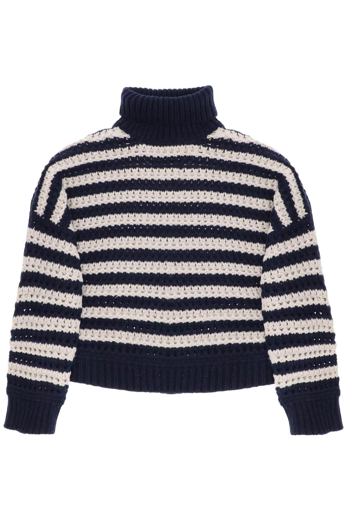 BRUNELLO CUCINELLI WOMEN'S NAVY STRIPED TURTLENECK KNIT SWEATER