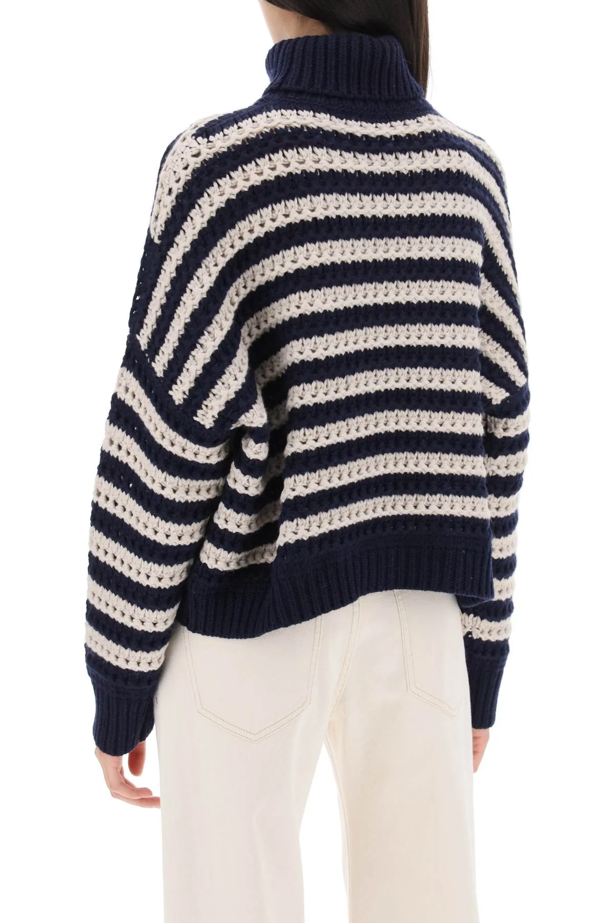 BRUNELLO CUCINELLI WOMEN'S NAVY STRIPED TURTLENECK KNIT SWEATER - Image 3