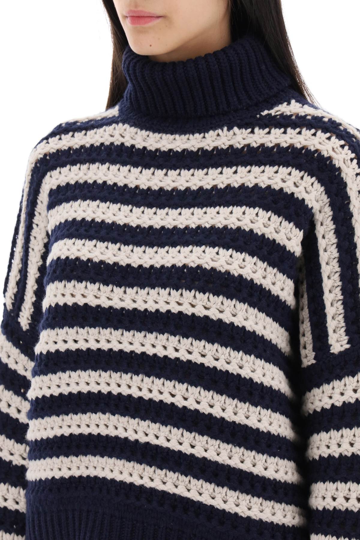 BRUNELLO CUCINELLI WOMEN'S NAVY STRIPED TURTLENECK KNIT SWEATER - Image 4