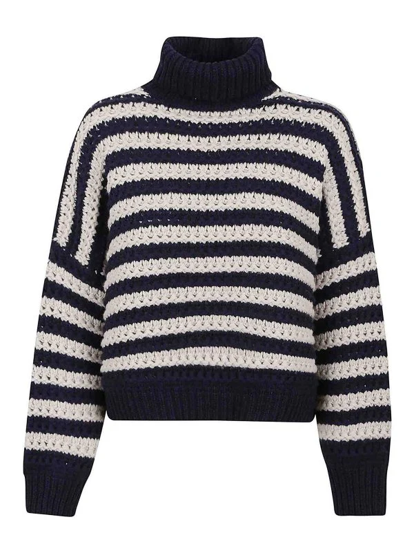 BRUNELLO CUCINELLI WOMEN'S NAVY STRIPED TURTLENECK KNIT SWEATER