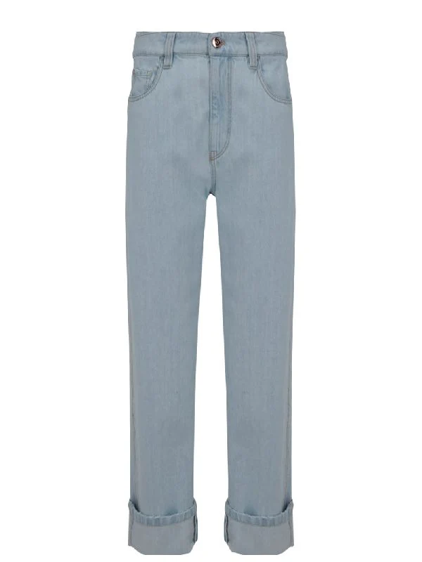 BRUNELLO CUCINELLI WOMEN'S LIGHT BLUE CUFFED TROUSERS
