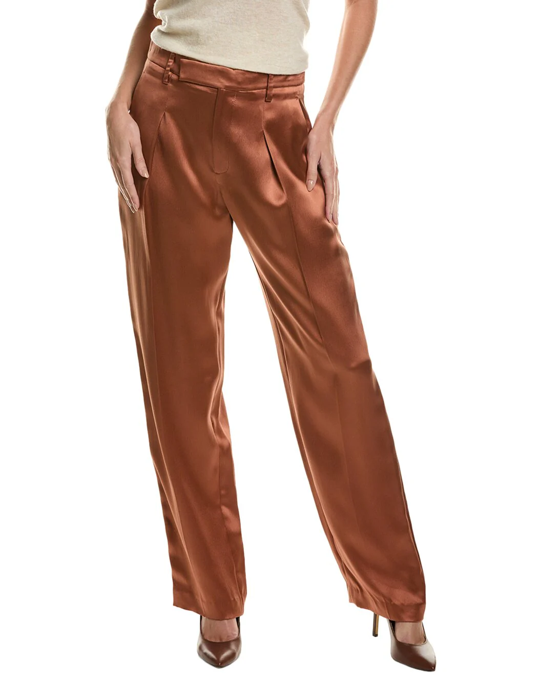 BRUNELLO CUCINELLI WOMEN'S COPPER SATIN WIDE-LEG TROUSERS