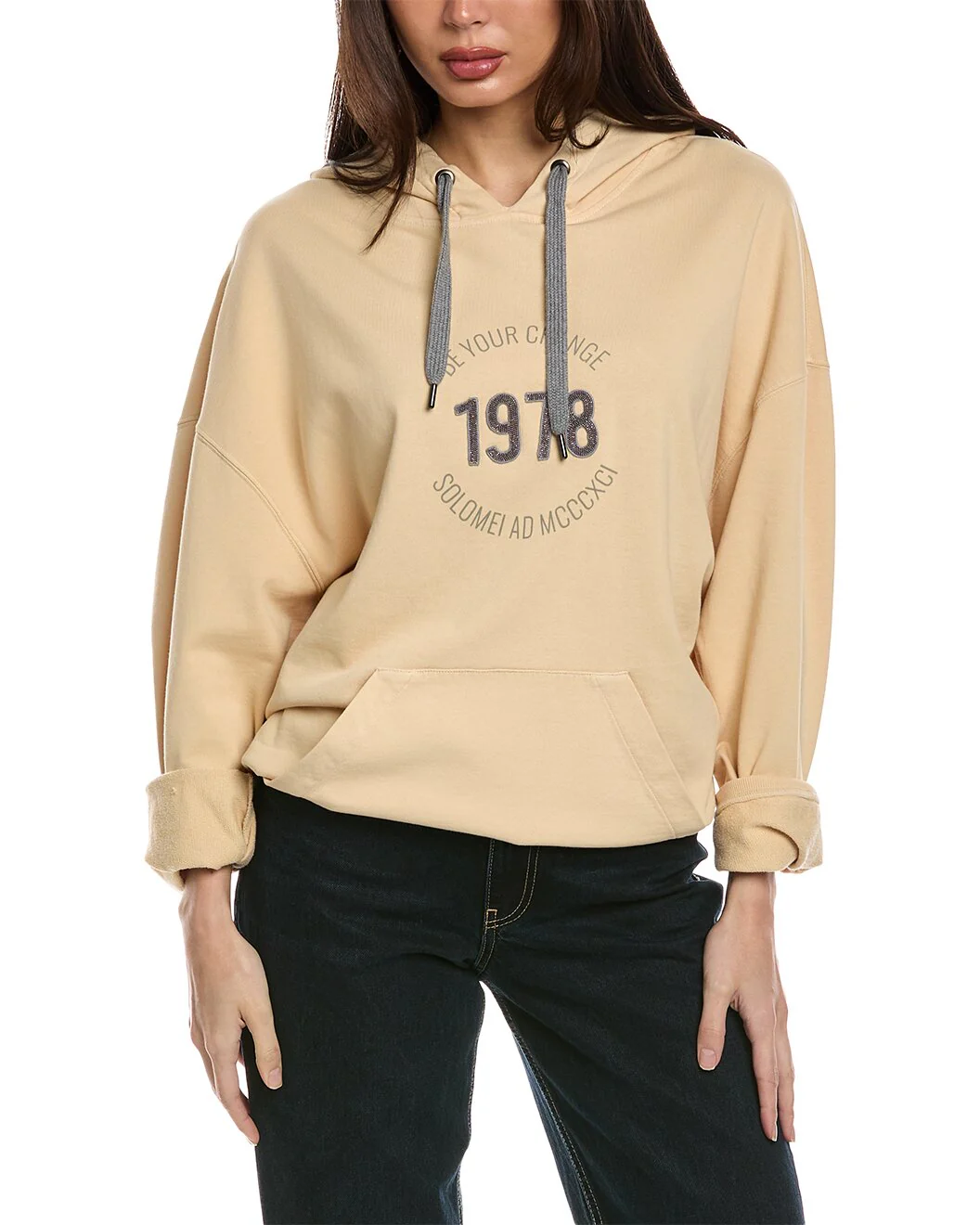 BRUNELLO CUCINELLI WOMEN'S BEIGE HOODED SWEATSHIRT WITH PRINT