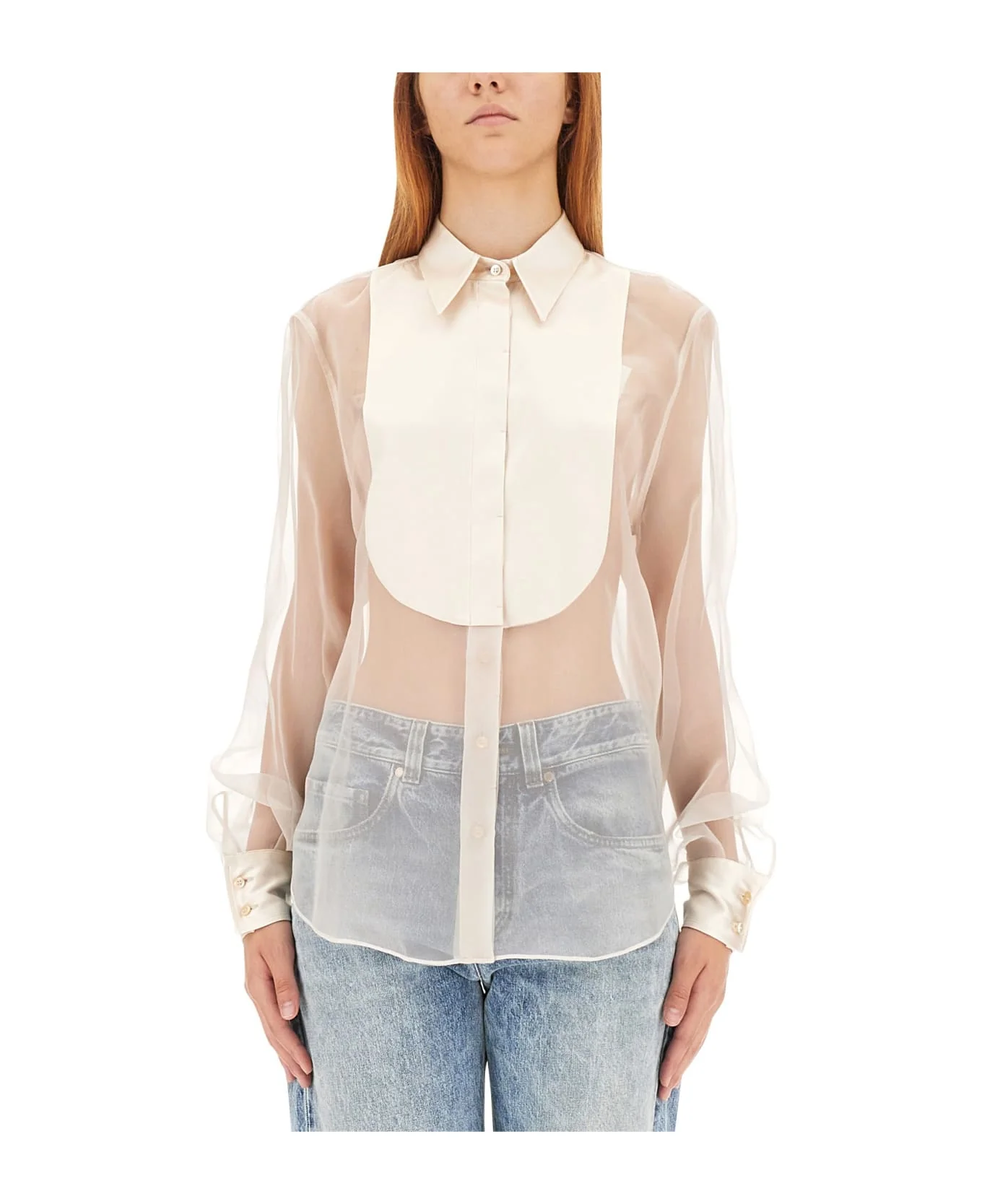 BRUNELLO CUCINELLI WOMEN'S SHEER IVORY BLOUSE WITH PLEAT DETAIL - Image 3