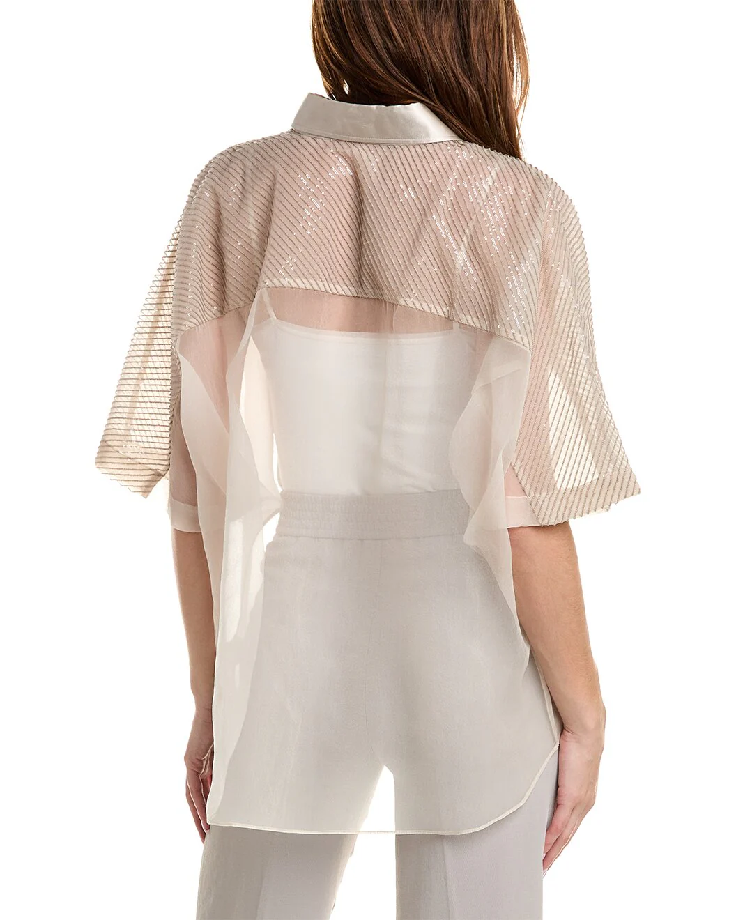 BRUNELLO CUCINELLI WOMEN'S TALC SILK SHEER PANEL SHIRT - Image 2