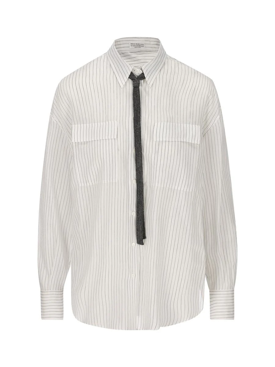 BRUNELLO CUCINELLI WOMEN'S WHITE PINSTRIPE BUTTON-UP SHIRT