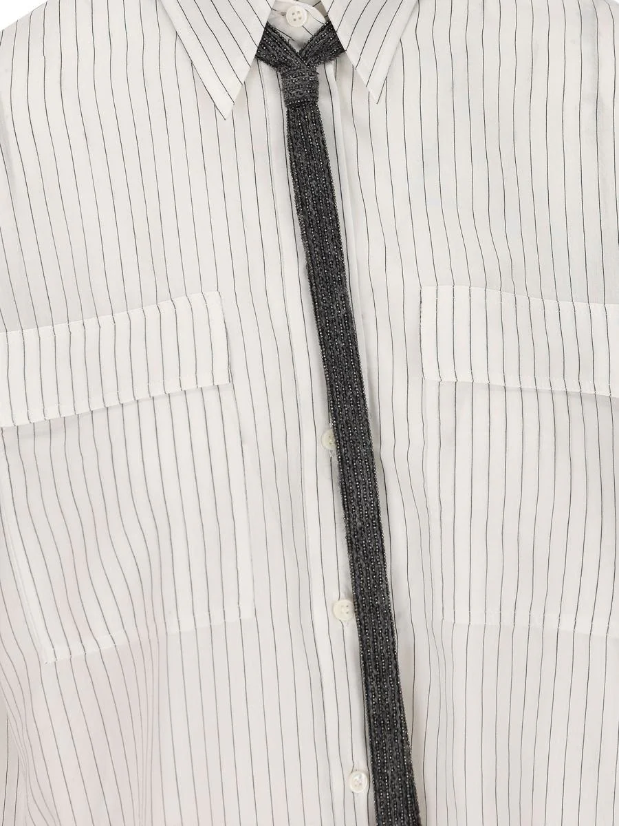 BRUNELLO CUCINELLI WOMEN'S WHITE PINSTRIPE BUTTON-UP SHIRT - Image 3