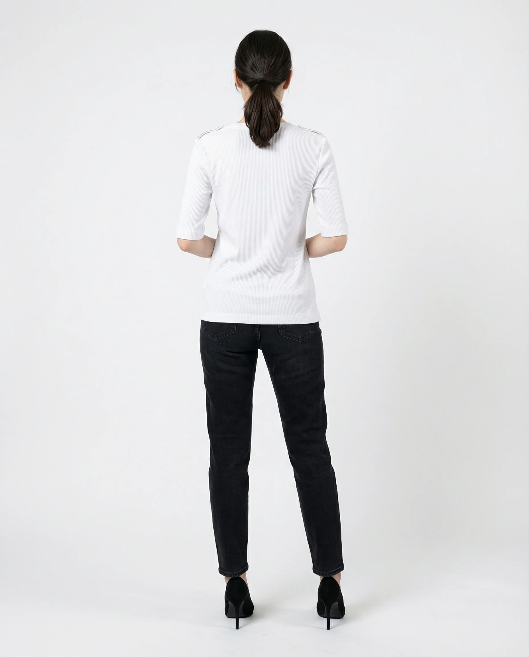 BRUNELLO CUCINELLI WOMEN'S WHITE RIBBED V-NECK SHIRT - Image 2