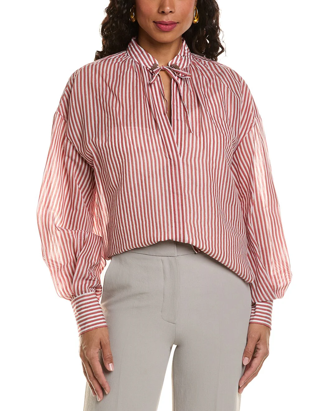 BRUNELLO CUCINELLI WOMEN'S RED STRIPED TIE-NECK BLOUSE