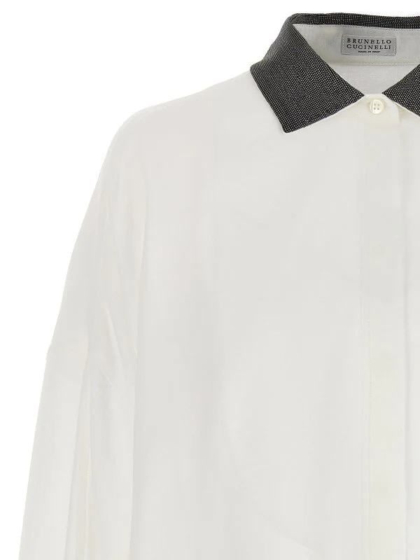BRUNELLO CUCINELLI WOMEN'S WHITE OVERSIZED SHIRT WITH CONTRAST COLLAR - Image 3