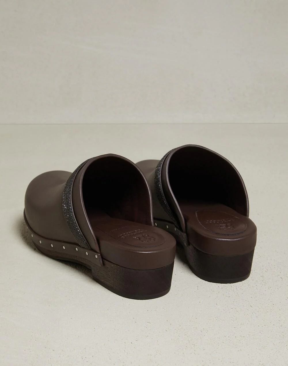 BRUNELLO CUCINELLI WOMEN'S BROWN LEATHER CLOGS WITH STUDDED TRIM - Image 2