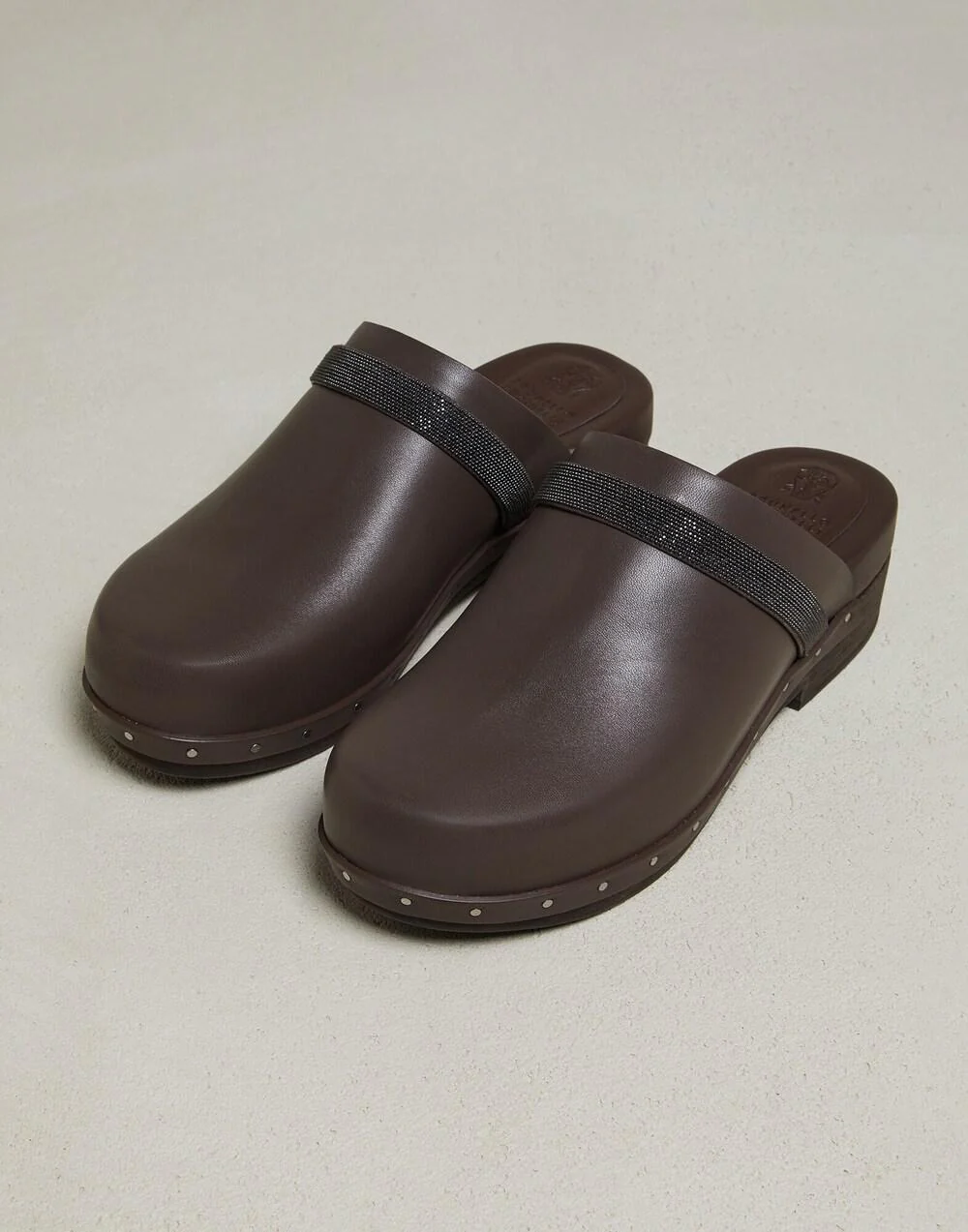 BRUNELLO CUCINELLI WOMEN'S BROWN LEATHER CLOGS WITH STUDDED TRIM - Image 5