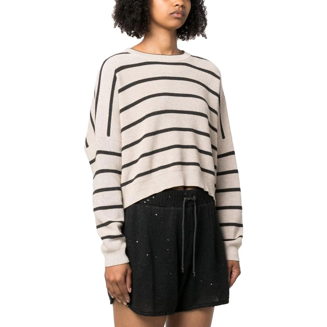 BRUNELLO CUCINELLI WOMEN'S LIGHT CAMEL STRIPED CROP SWEATER - Image 4