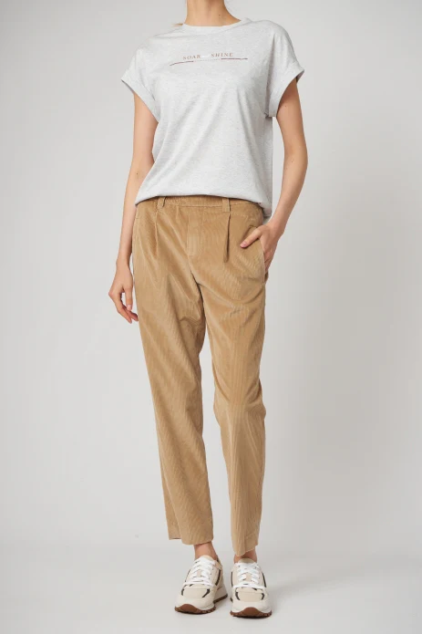 BRUNELLO CUCINELLI WOMEN'S TAN CORDUROY PLEATED TROUSERS