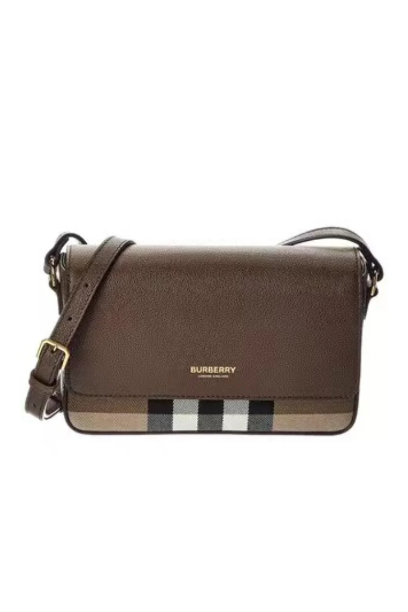 Burberry Derby Calfskin House Check Mackford Crossbody Bag EBONY BROWN