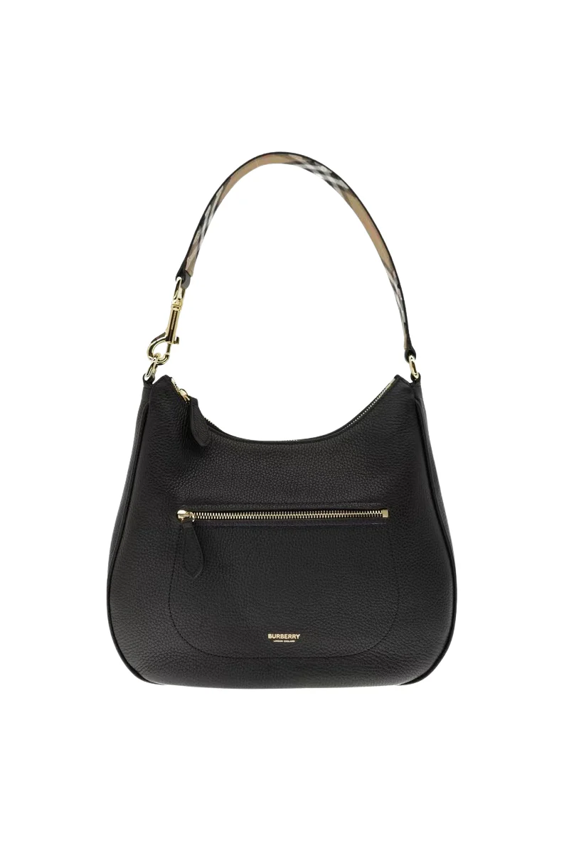 Burberry Hobo Shoulder Bag Check Strap Black Leather
