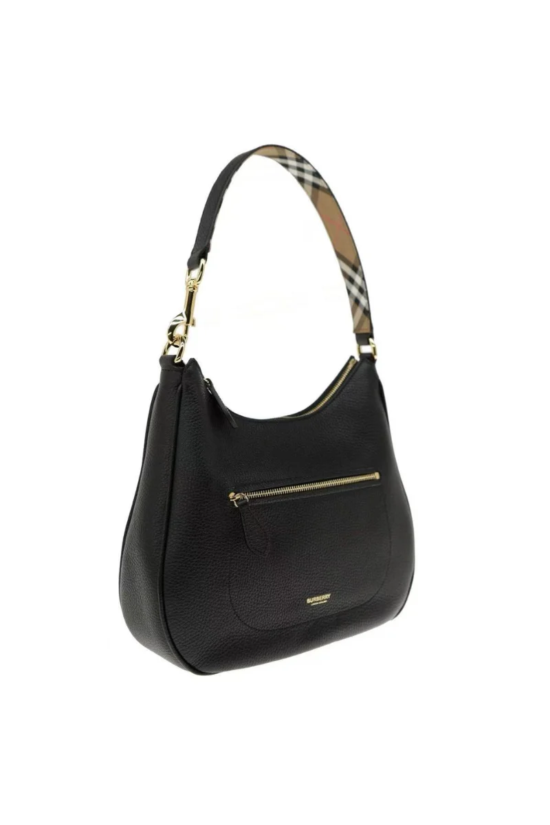 Burberry Hobo Shoulder Bag Check Strap Black Leather - Image 2
