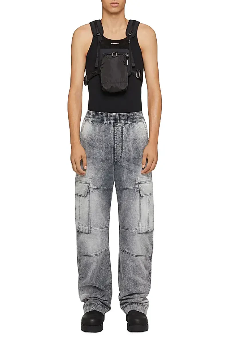 Givenchy Elasticated Arched Cargo Denim Pants-Grey/White - Image 2