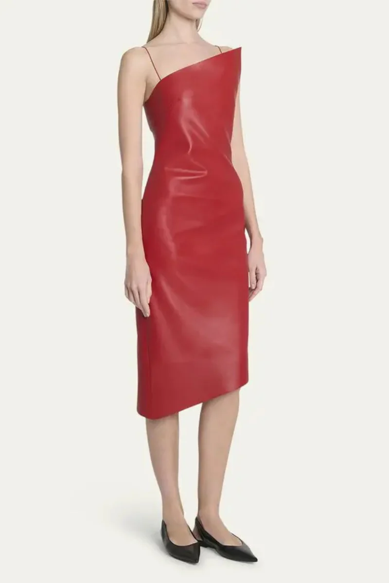 Givenchy Leather Asymmetric Point Dress-Red Cherry - Image 2