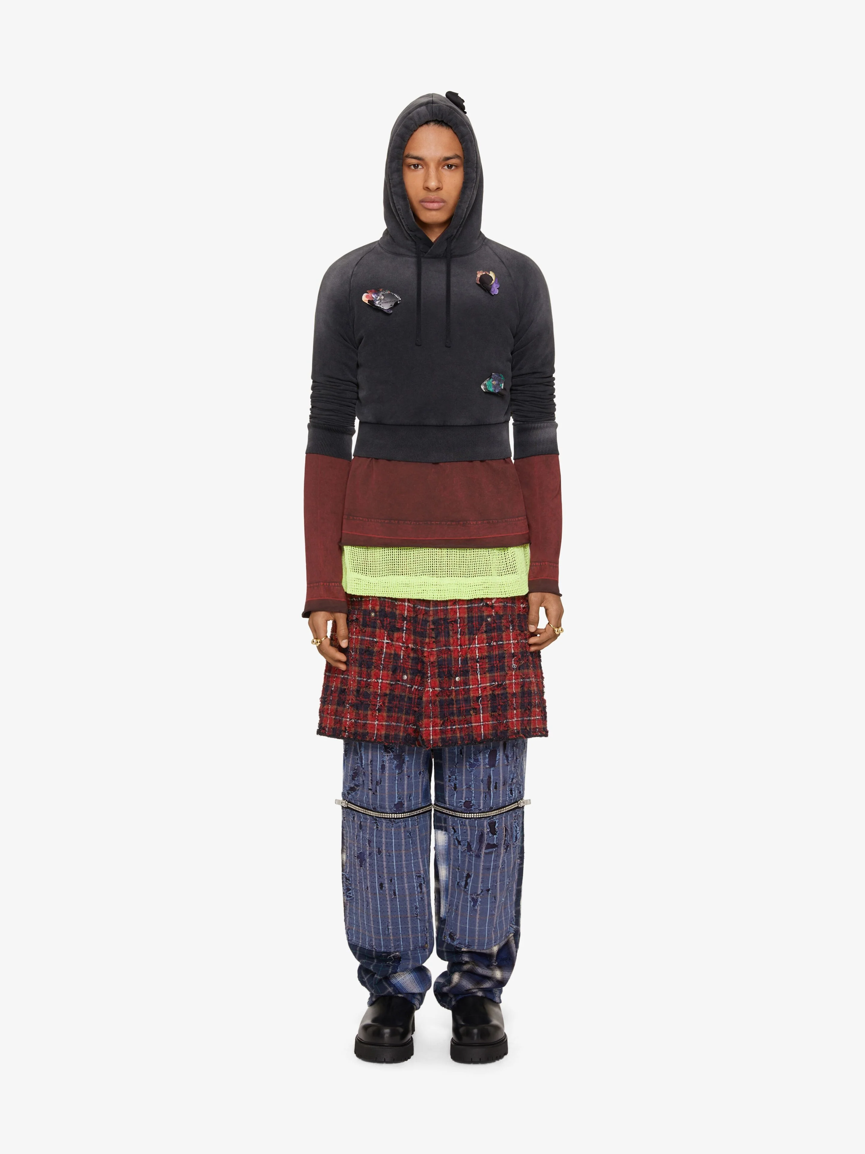 GIVENCHY MEN'S MULTICOLORED DISTRESSED LAYERED HOODIE - Image 2