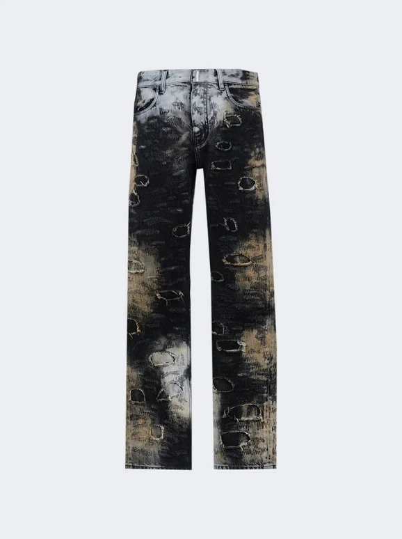 GIVENCHY MEN'S BLACK BEIGE DISTRESSED STRAIGHT TROUSERS
