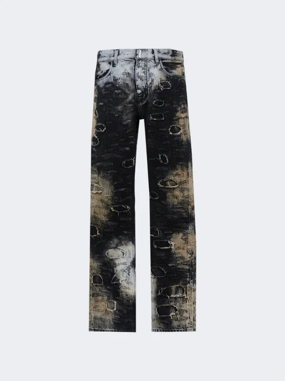 GIVENCHY MEN'S BLACK BEIGE DISTRESSED STRAIGHT TROUSERS - Image 2