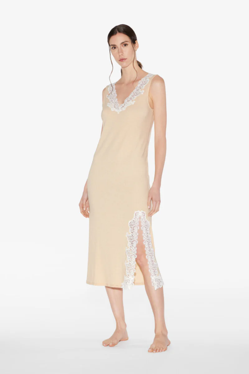 La Perla Angel Kiss Long Cashmere Blend Ribbed Nightgown In Halo With Frastaglio - Image 2