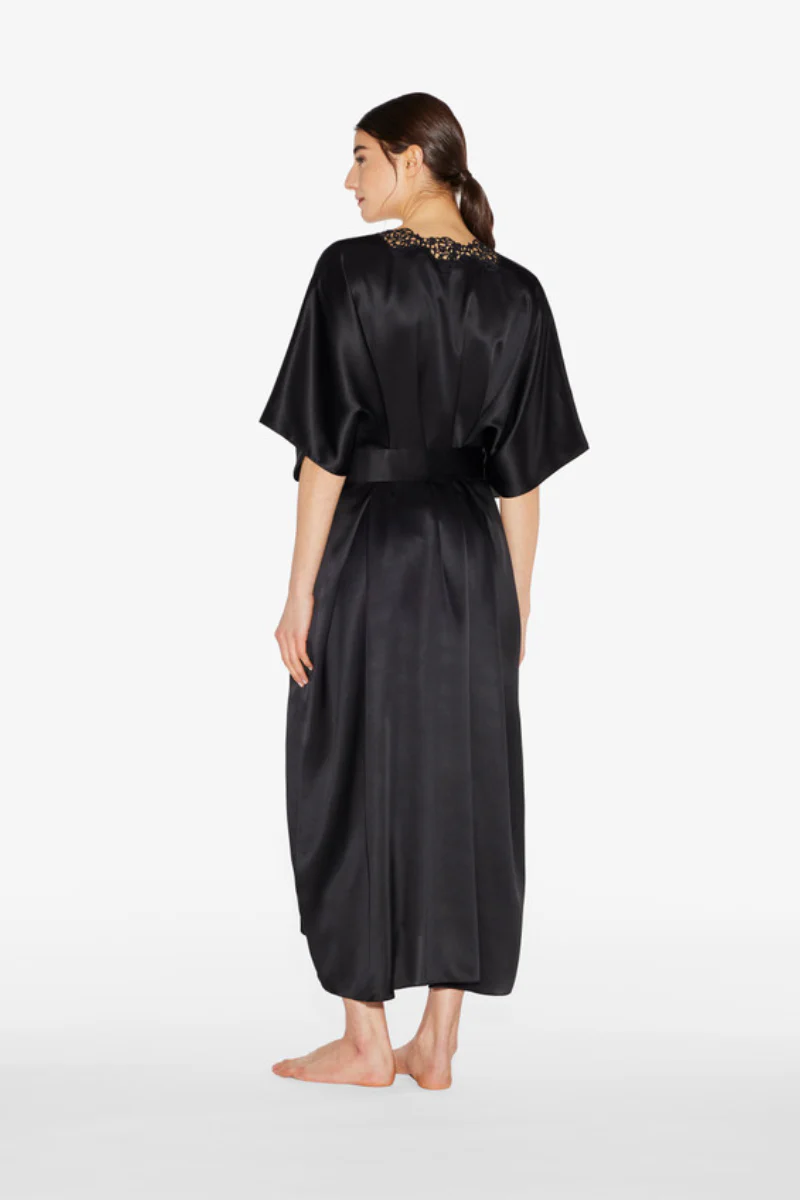La Perla Black Long Silk Robe With Macramé - Image 3