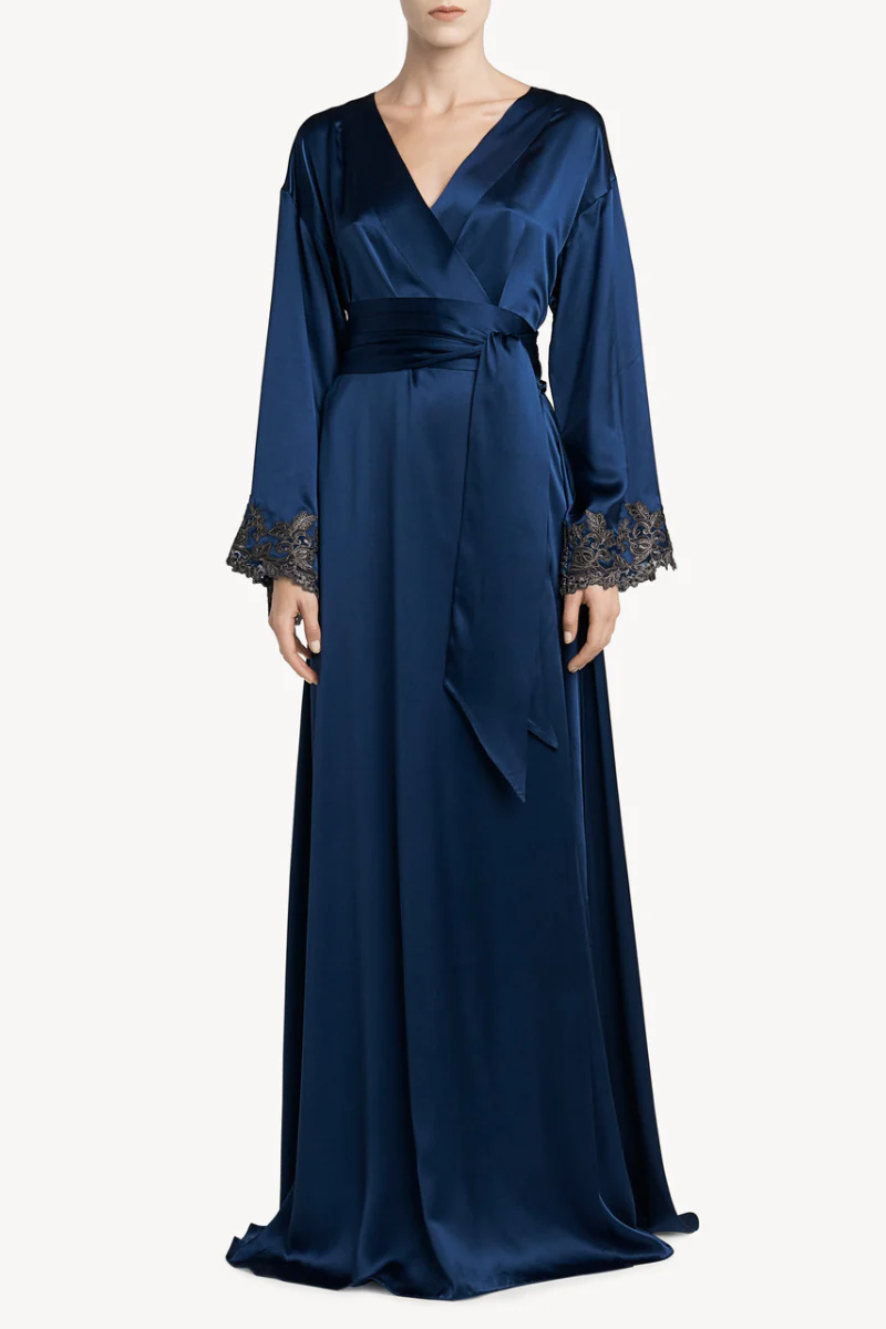 La Perla Blue long silk robe with frastaglio LPD0019231 - Image 2
