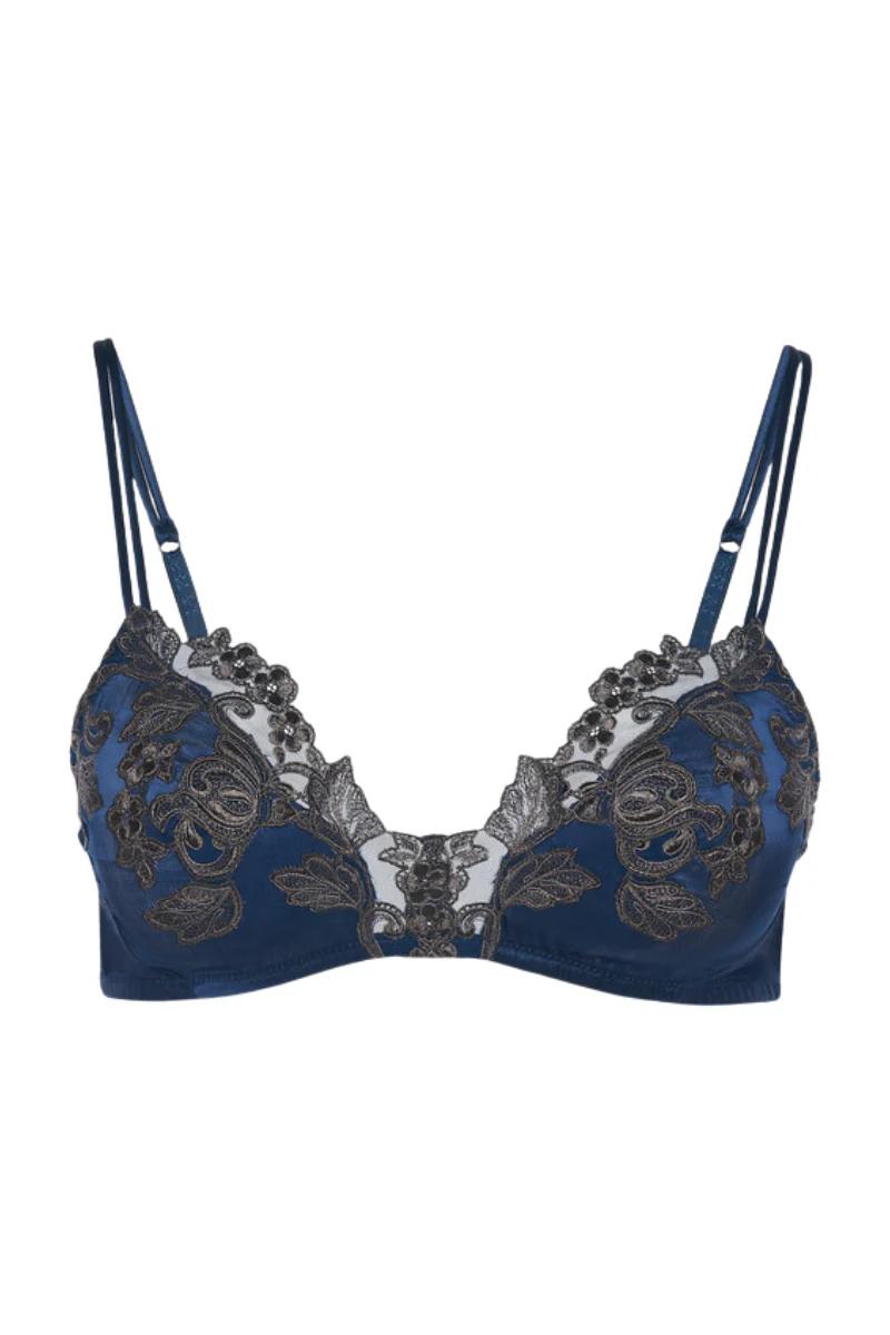 La Perla Blue Silk Non-Wired Triangle Bra with Ivory Frastaglio
