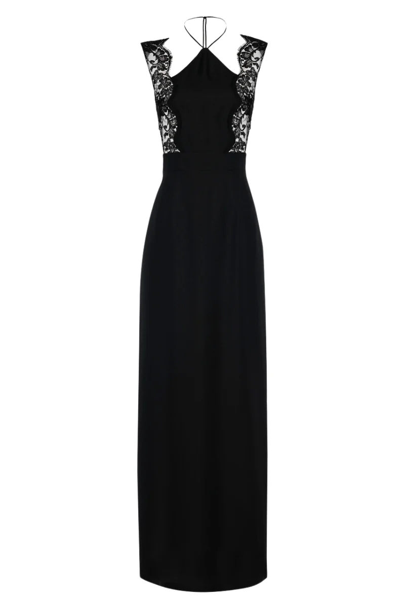 La Perla Halterneck Nightgown In Black Silk With Leavers Lace